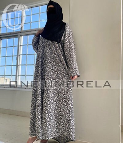 Grey floral front open abaya