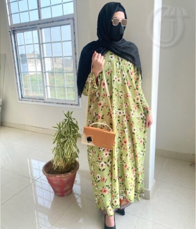 Green floral front open abaya