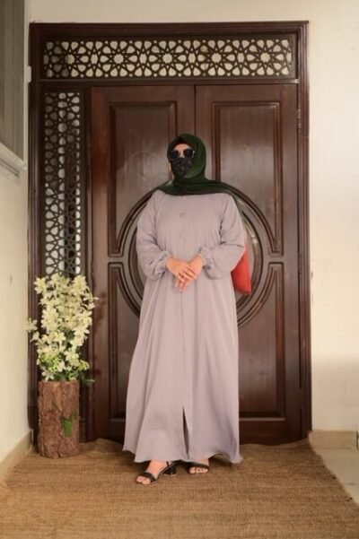 Basic Front open abaya- Grey - Image 2