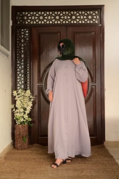 Basic Front open abaya- Grey - Image 3