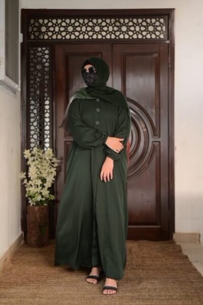 Basic Front open abaya- Dark Green - Image 2