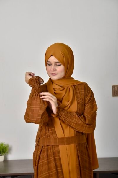 Checked Georgette Double coat -Caramel - Image 6