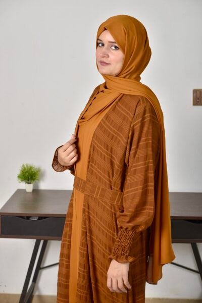 Checked Georgette Double coat -Caramel - Image 3